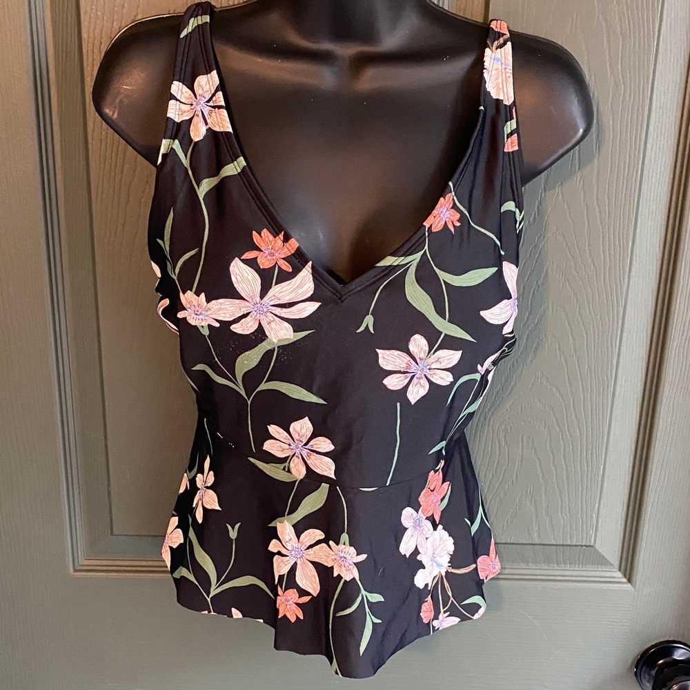 Shade & Shore Black Floral V-Neck Tankini Top with Pink Flowers